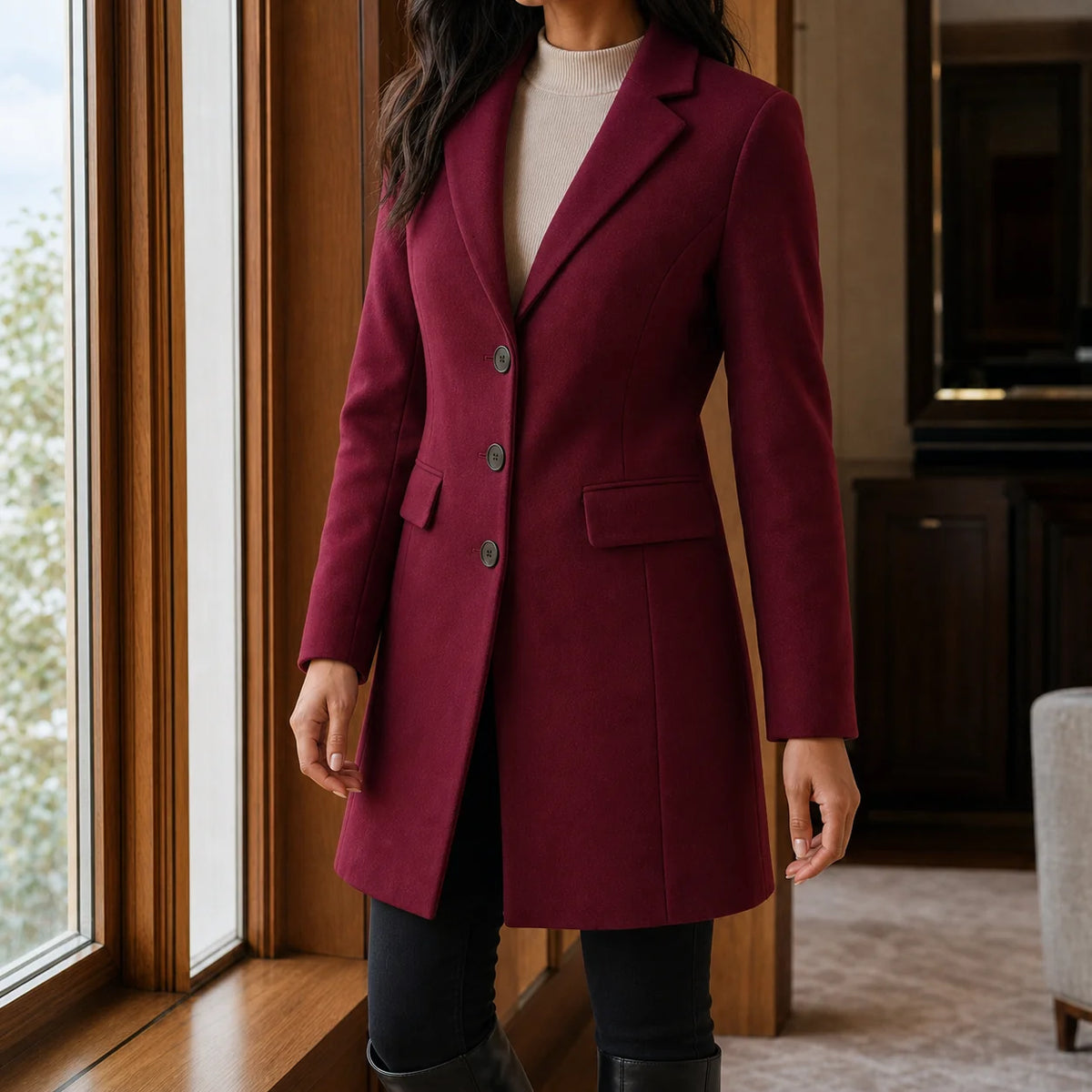 Women's green wool coat, tailored fit