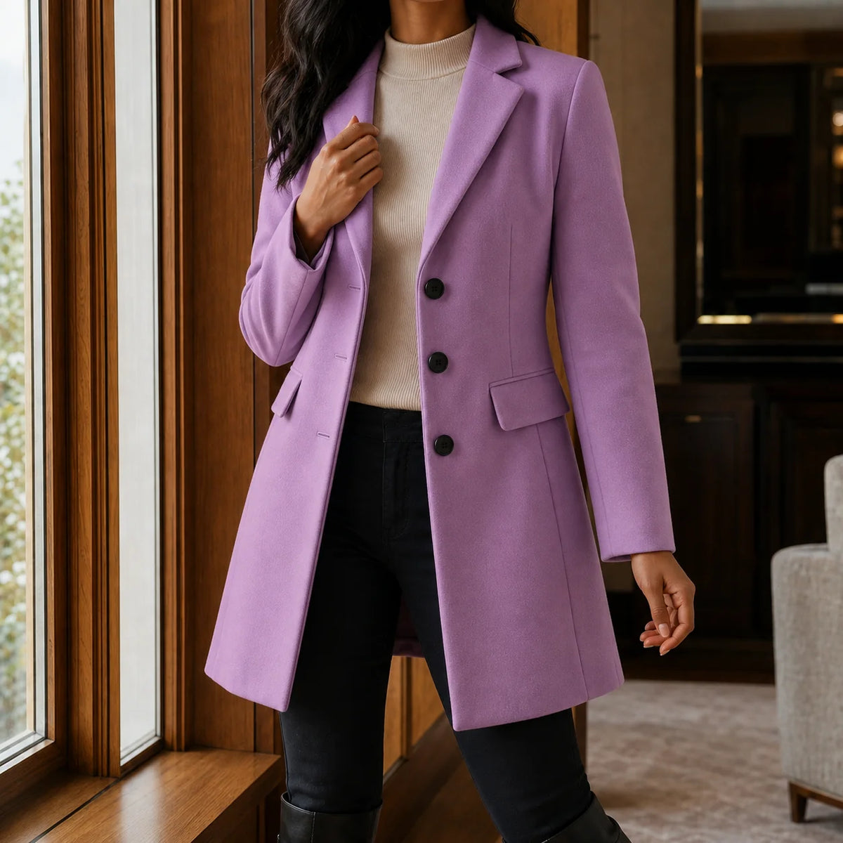 Women's brick red wool coat, front view detail