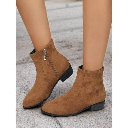 Brown Side-Zip Block-Heel Ankle Boots