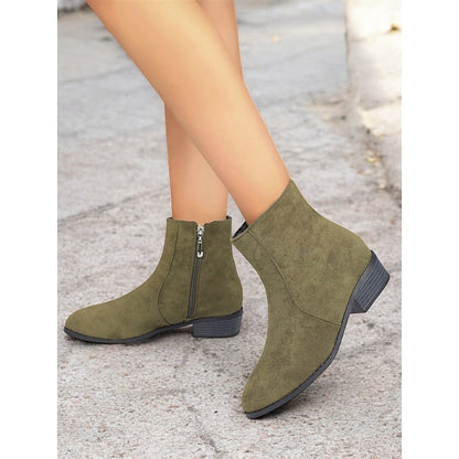 Green Side-Zip Block-Heel Ankle Boots