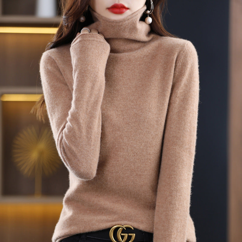 Women's gray wool blend knit sweater with stacked collar
