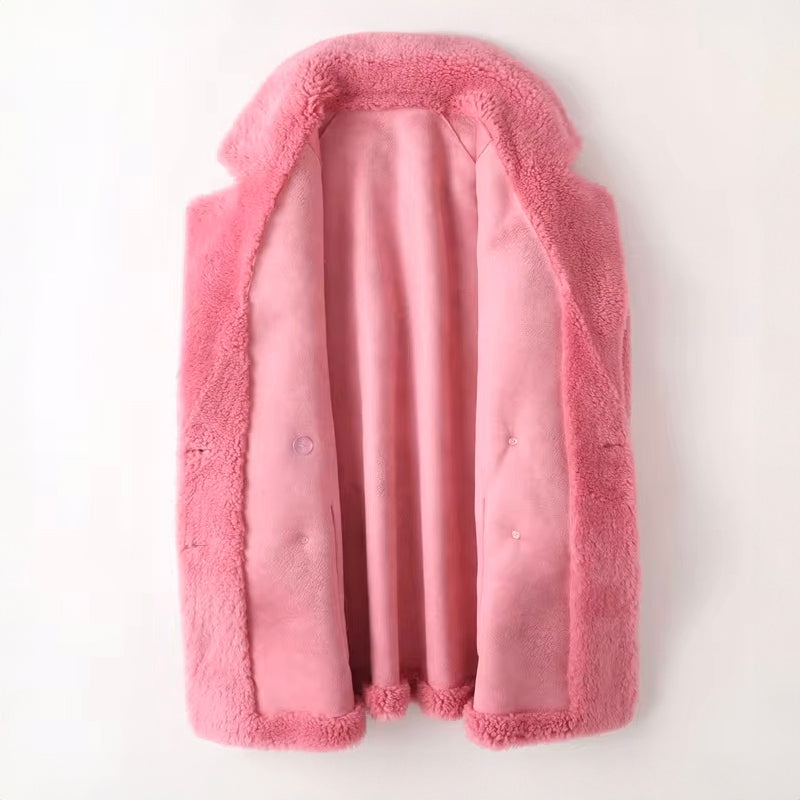 Women's pink oversized faux shearling coat with double breasted front