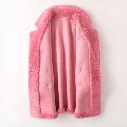 Women's pink oversized faux shearling coat with double breasted front