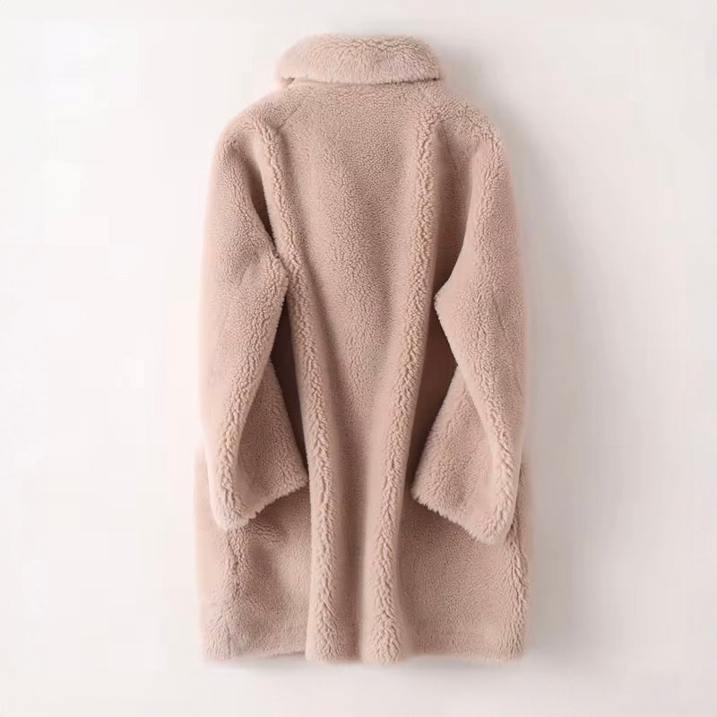 Women's blue oversized faux shearling coat with double breasted front