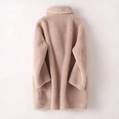 Women's blue oversized faux shearling coat with double breasted front