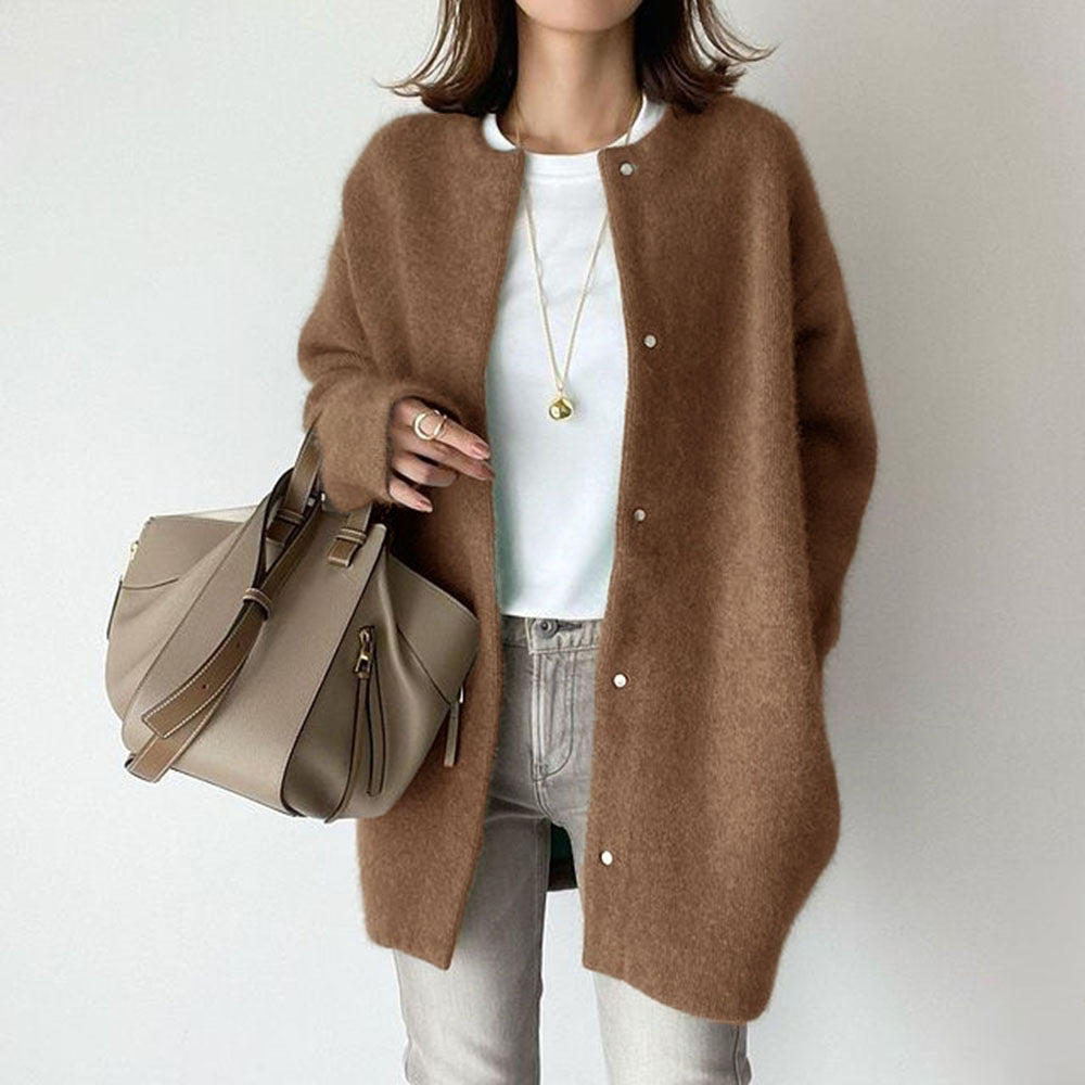 Women's beige wool cardigan with suede trim and pockets