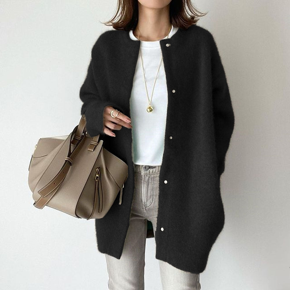 Women's beige wool cardigan with suede trim and pockets