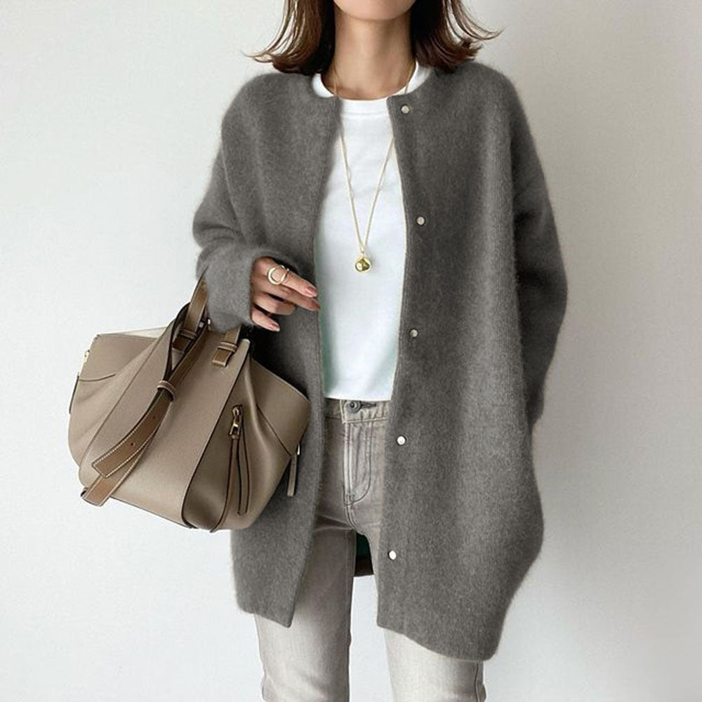Women's beige wool cardigan with suede trim and pockets