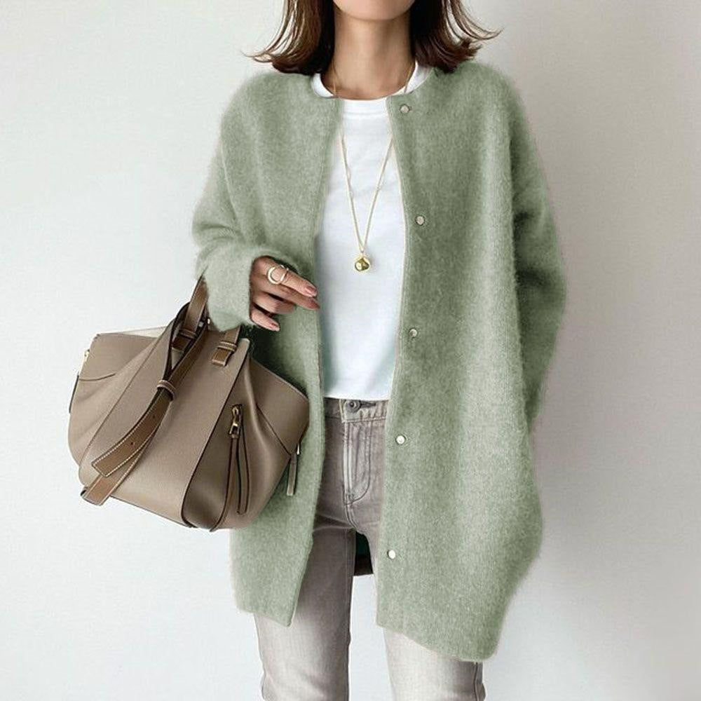 Women's beige wool cardigan with suede trim and pockets
