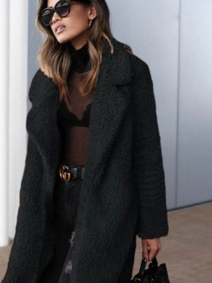 Women's long fleece teddy coat in black