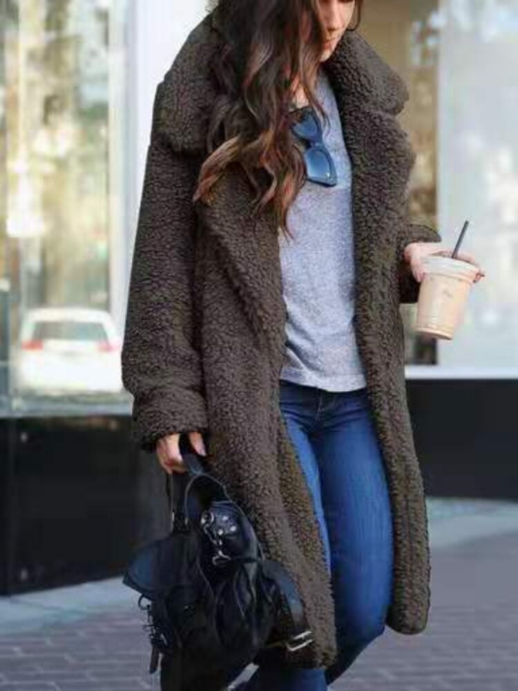 Women's long fleece teddy coat in dark gray