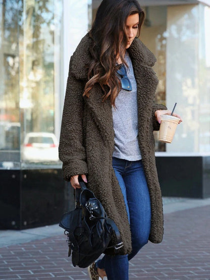 Women's long fleece teddy coat in dark gray