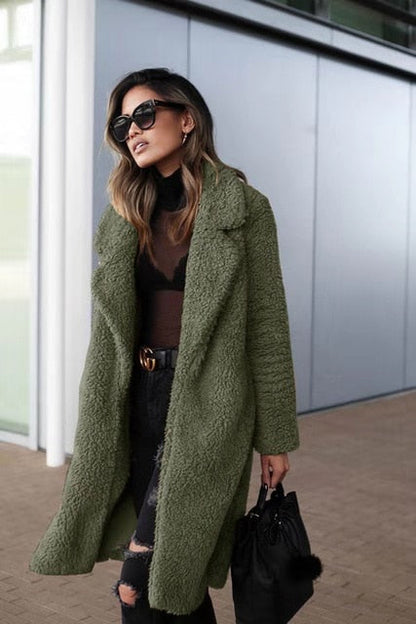 Women's long fleece teddy coat in army green