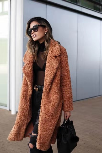 Women's long fleece teddy coat in army green