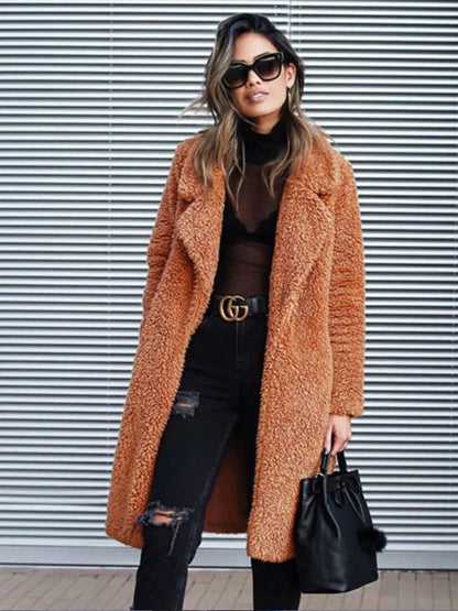 Women's long fleece teddy coat in chocolate