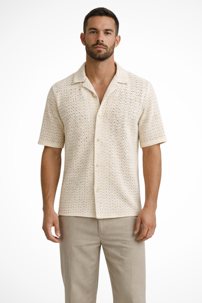 Men's beige short sleeve chevron textured summer shirt