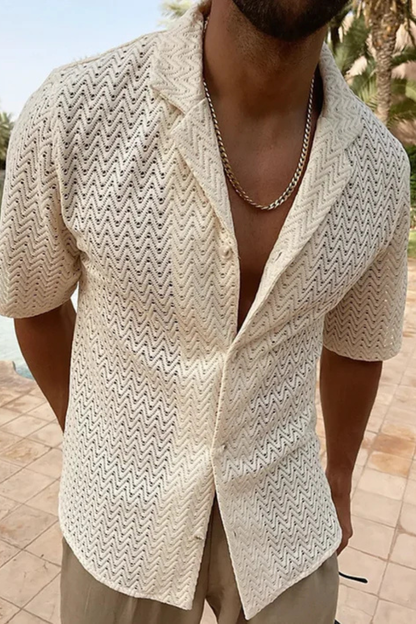Men's beige short sleeve chevron textured summer shirt