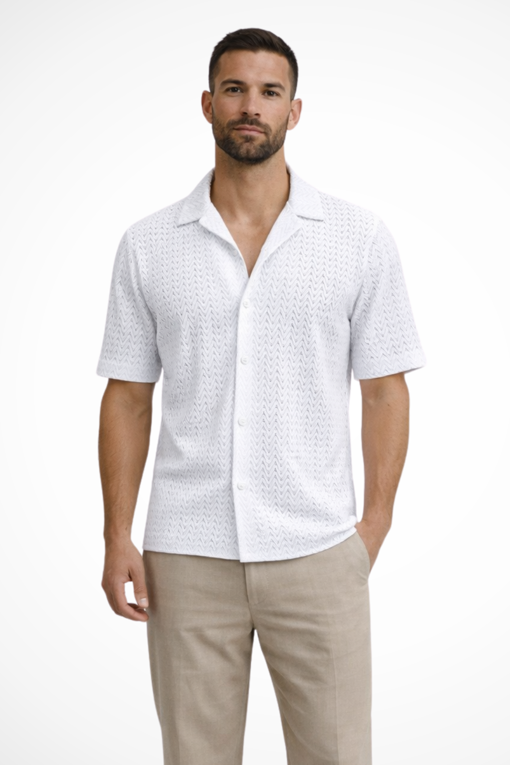 Men's beige short sleeve chevron textured summer shirt