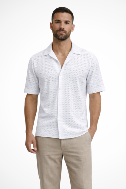 Men's beige short sleeve chevron textured summer shirt