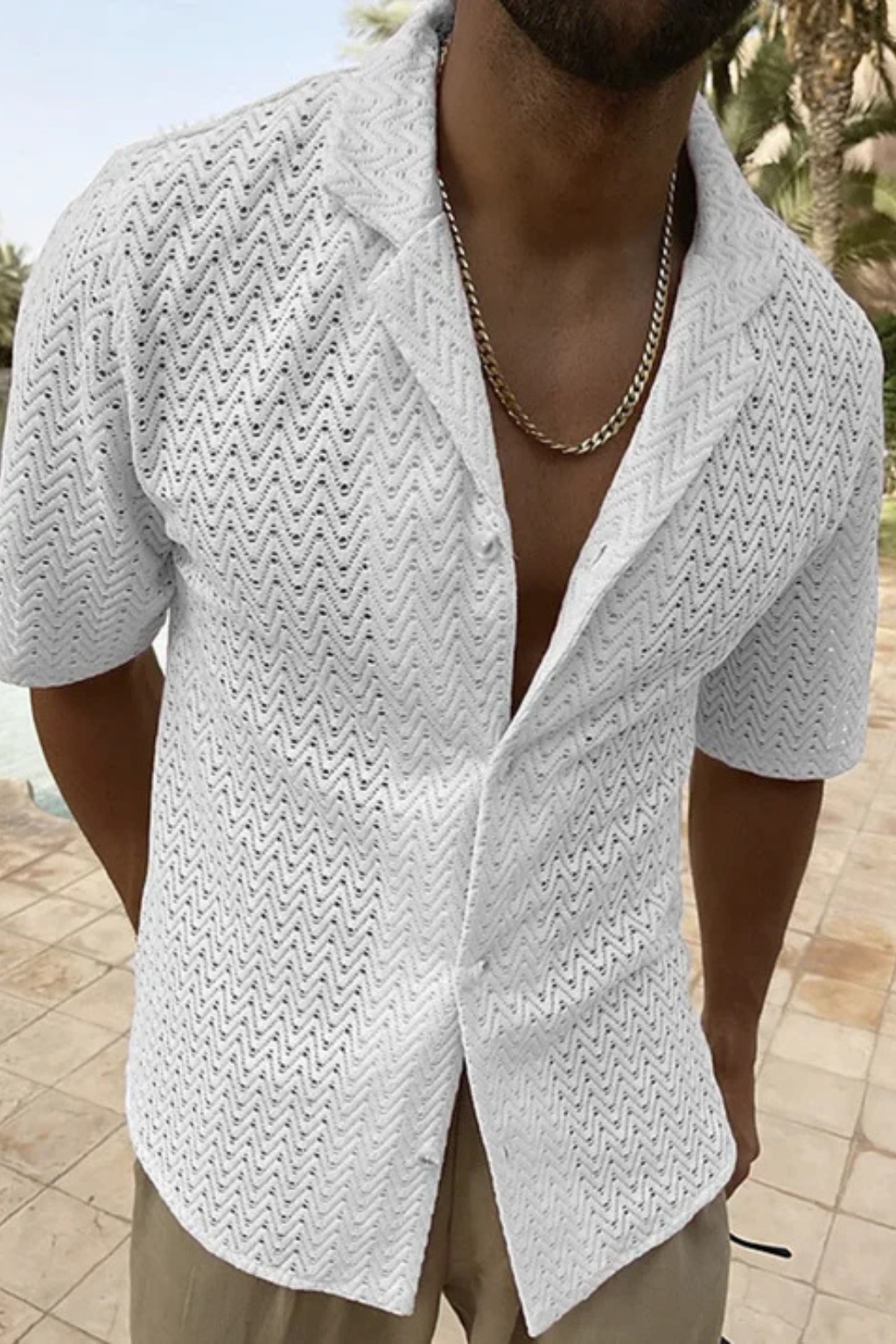 Men's beige short sleeve chevron textured summer shirt