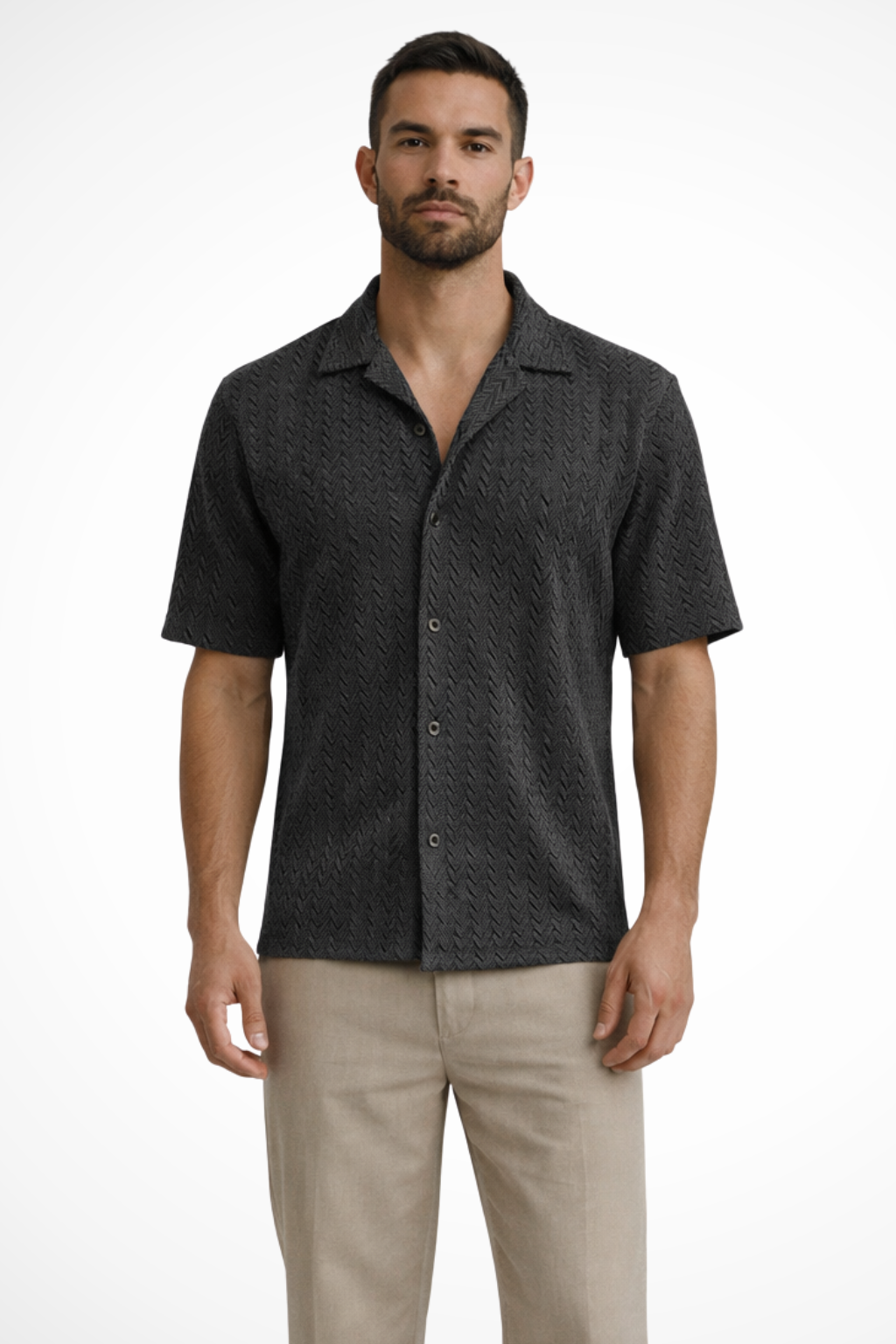 Men's beige short sleeve chevron textured summer shirt