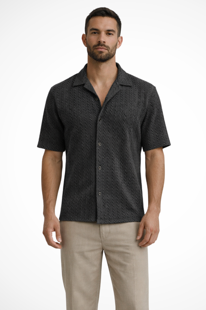 Men's beige short sleeve chevron textured summer shirt
