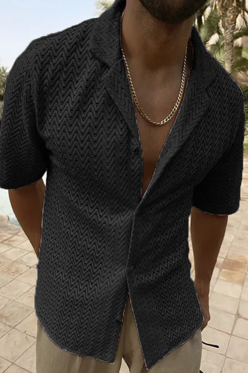 Men's beige short sleeve chevron textured summer shirt