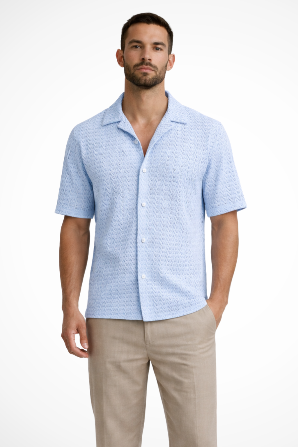 Men's white short sleeve chevron textured summer shirt