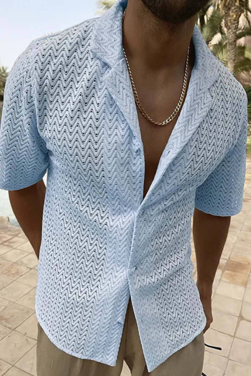Men's white short sleeve chevron textured summer shirt