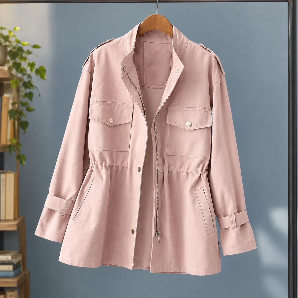 Women's pink utility jacket with adjustable drawstring waist