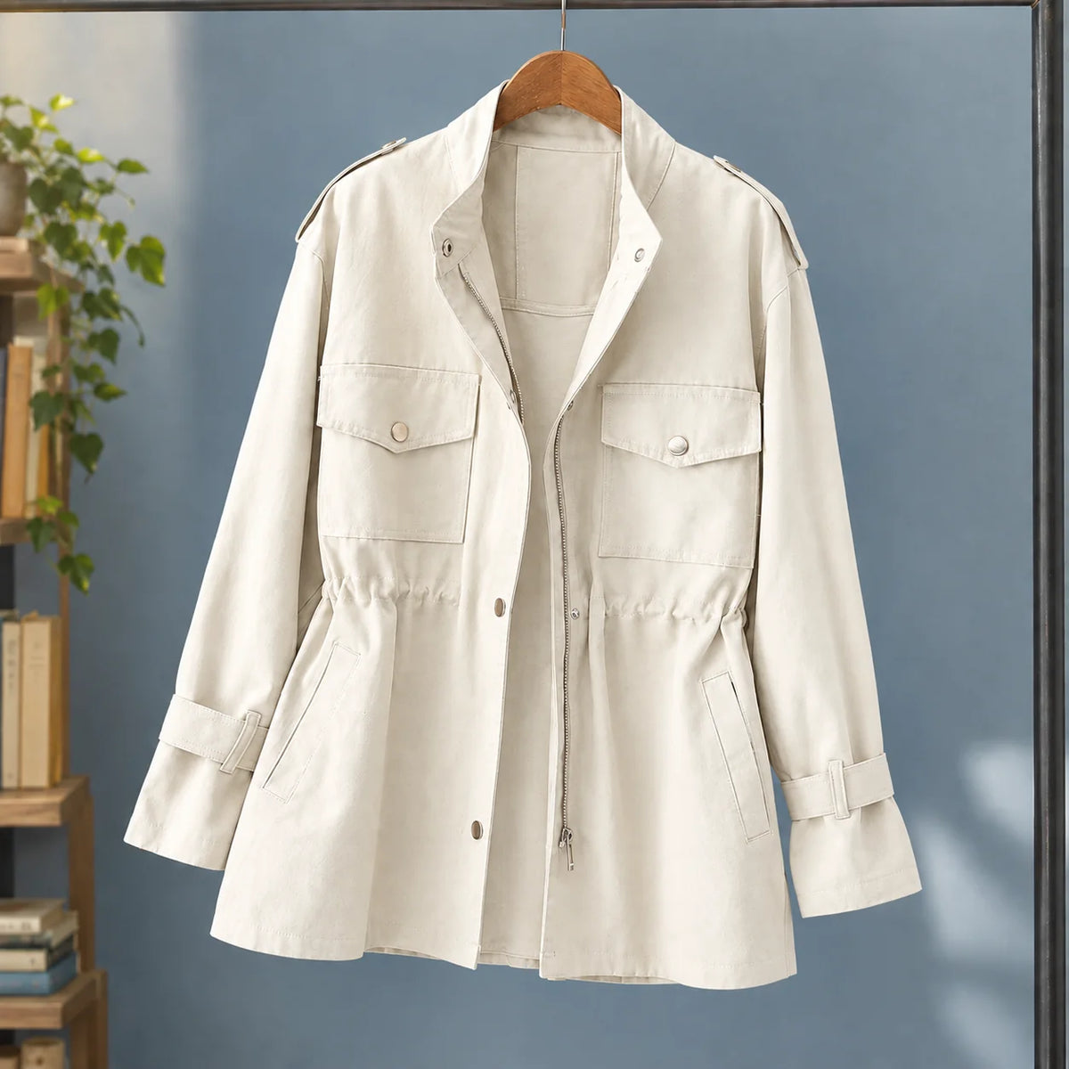 Women's green utility jacket with tabbed long sleeves