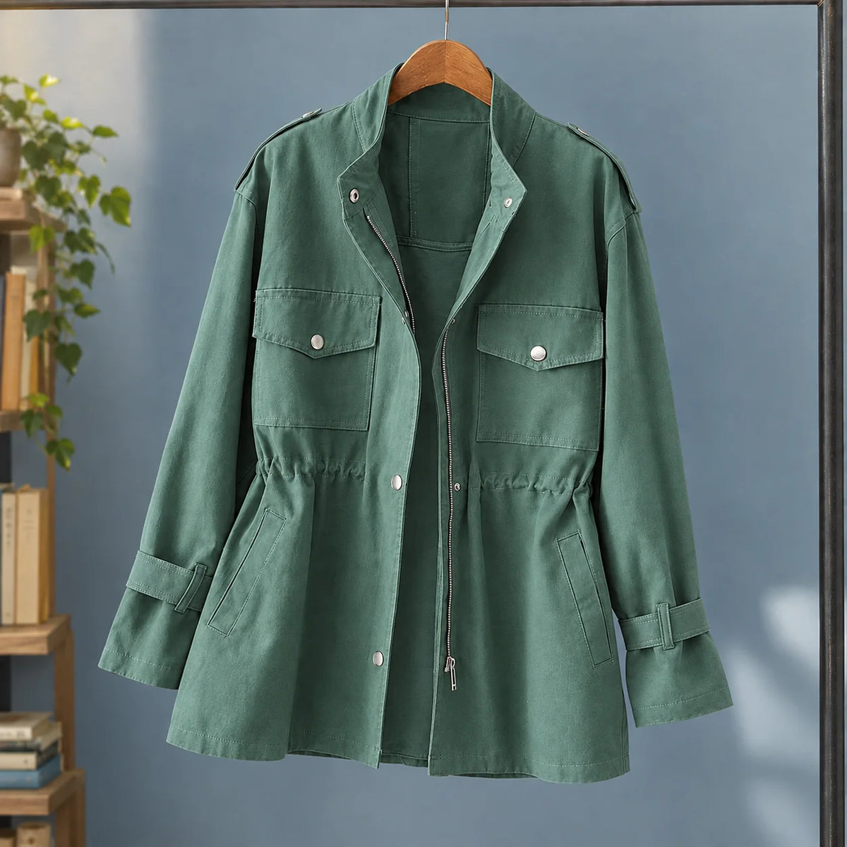 Women's black utility jacket with zip-and-snap front