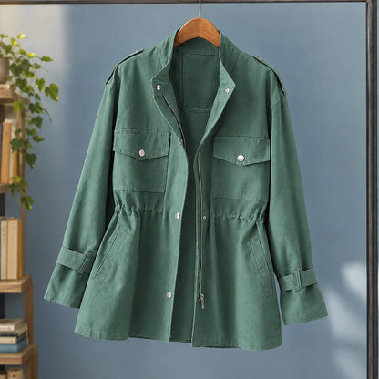 Women's black utility jacket with zip-and-snap front