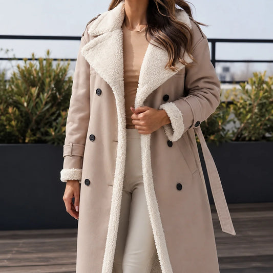 Women's Longline Double-Breasted Coat with Contrast Trim, photo 1