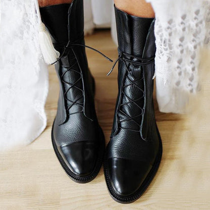 Black Elegant Leather Lace-Up Ankle Boots