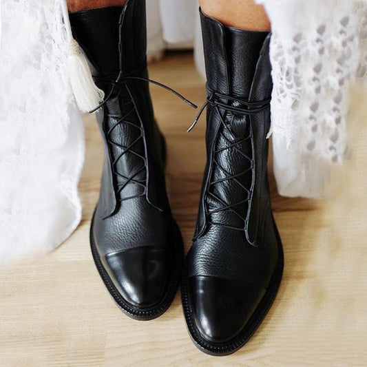 Black Elegant Leather Lace-Up Ankle Boots
