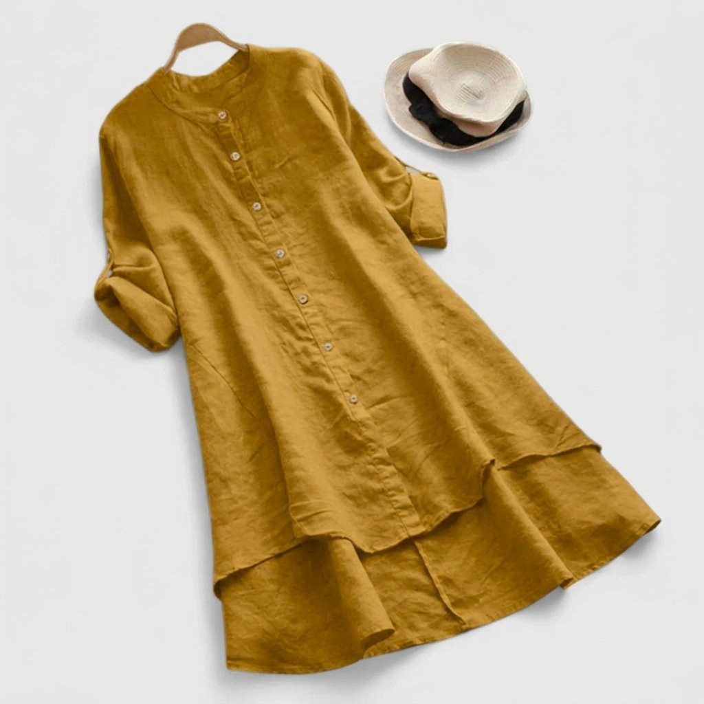 Women's mustard linen button-down shirt dress with layered hem