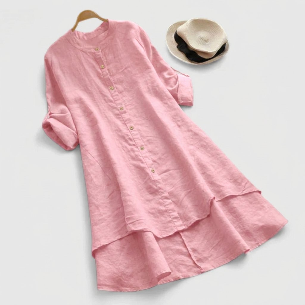 Women's mustard linen button-down shirt dress with layered hem