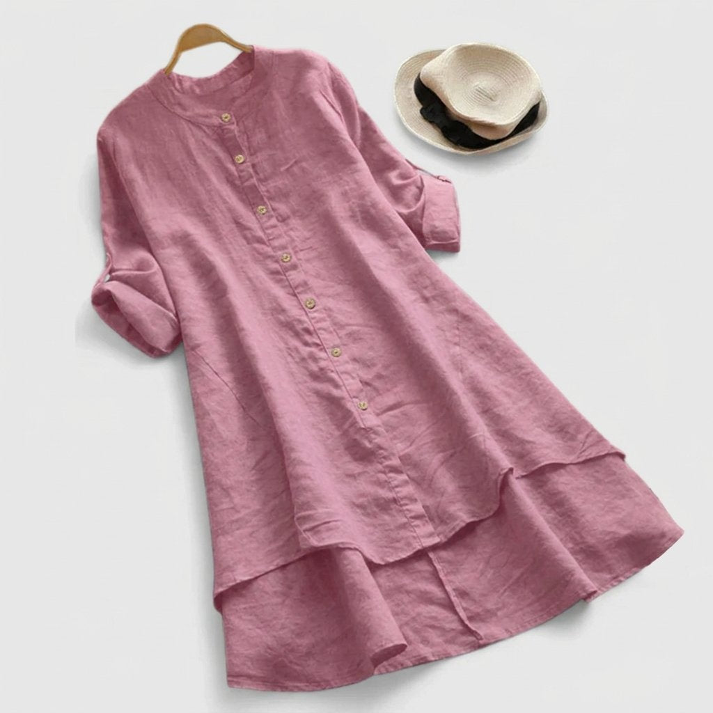 Women's mustard linen button-down shirt dress with layered hem