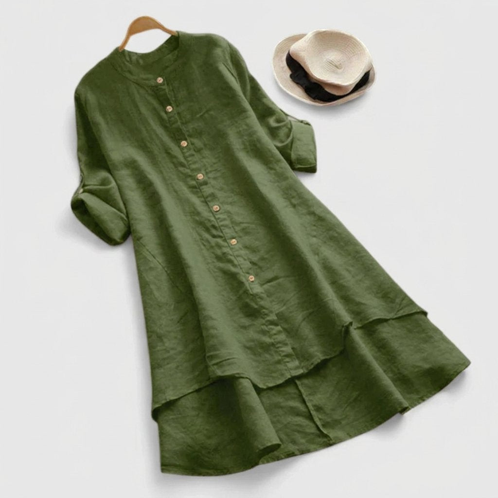 Women's mustard linen button-down shirt dress with layered hem