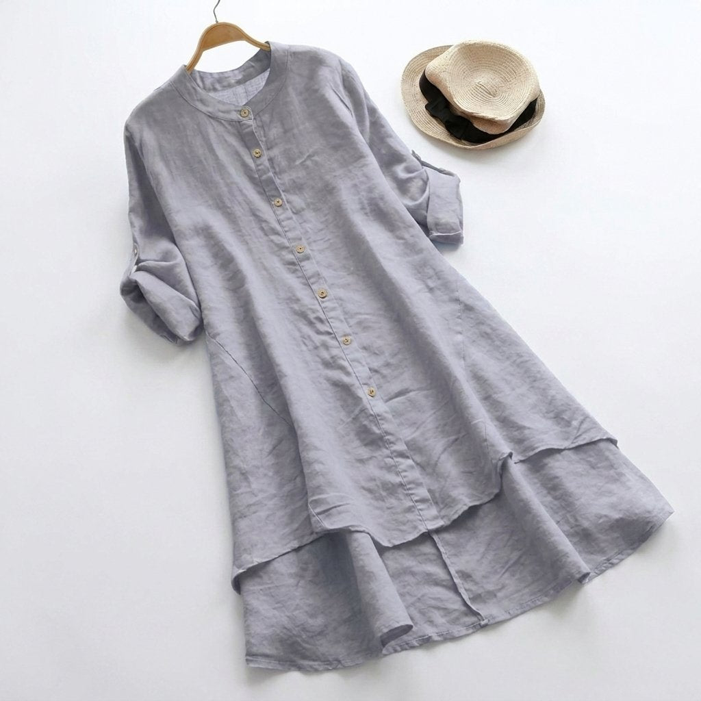 Women's mustard linen button-down shirt dress with layered hem
