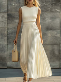 Elena | Women's Pleated Chiffon Maxi Dress Sleeveless Knit Bodice