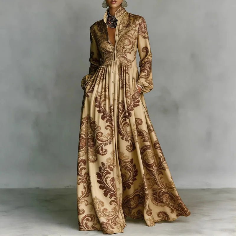 Women's khaki geometric print long sleeve shirt dress