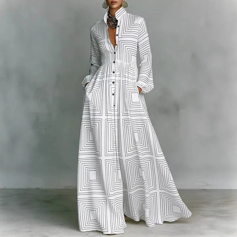Women's khaki geometric print long sleeve shirt dress