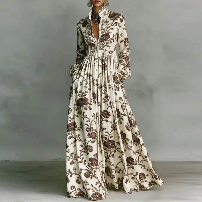 Women's khaki geometric print long sleeve shirt dress