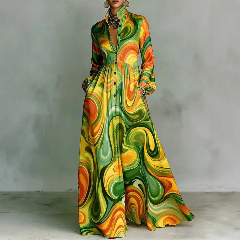 Women's khaki geometric print long sleeve shirt dress