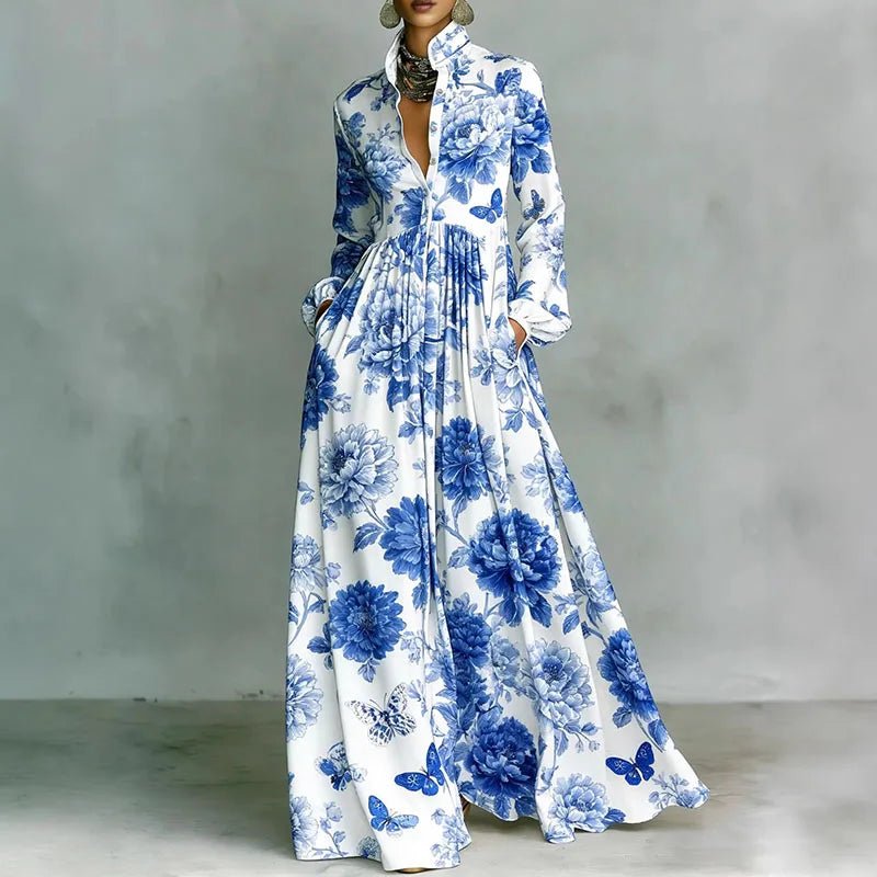 Women's khaki geometric print long sleeve shirt dress