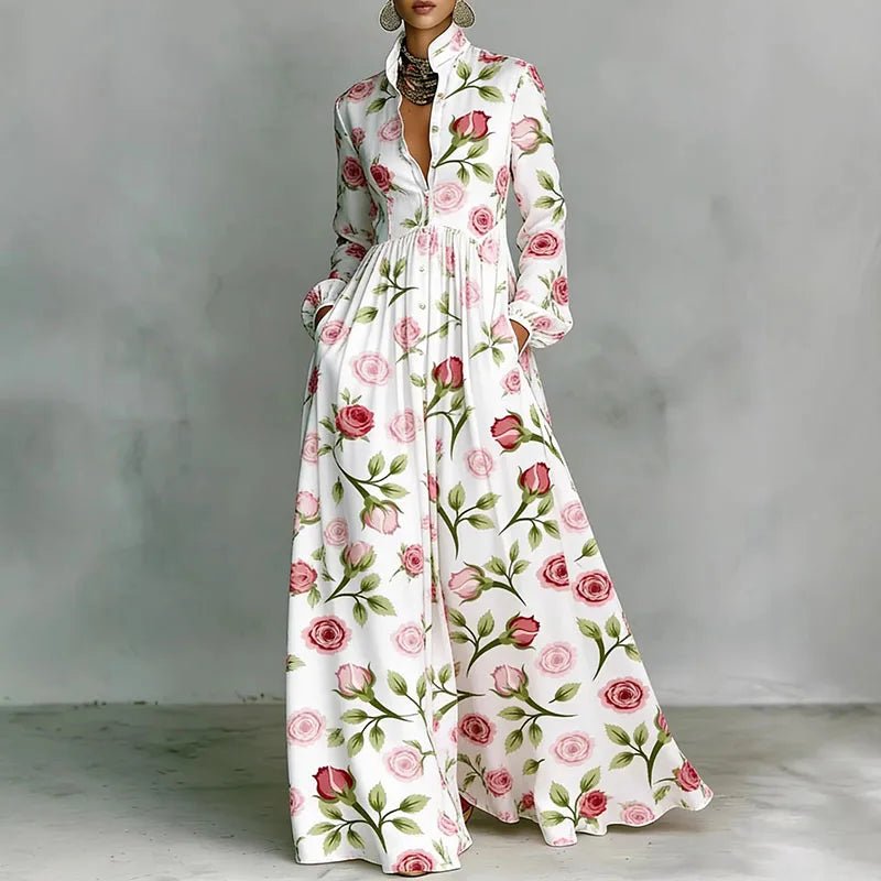 Women's white geometric print long sleeve shirt dress