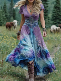 Iris | Women's Floral Maxi Dress V-Neck Short Sleeve Flowy