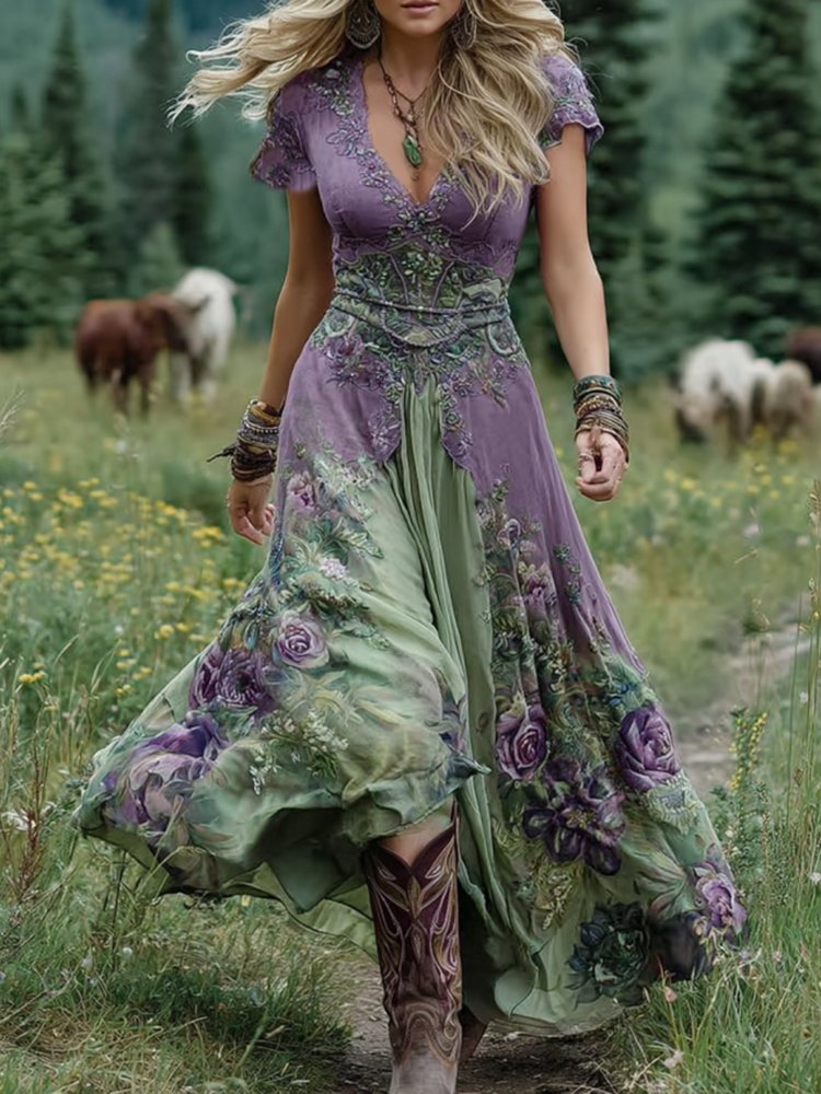 Women's purple floral maxi dress with V-neck and short sleeves